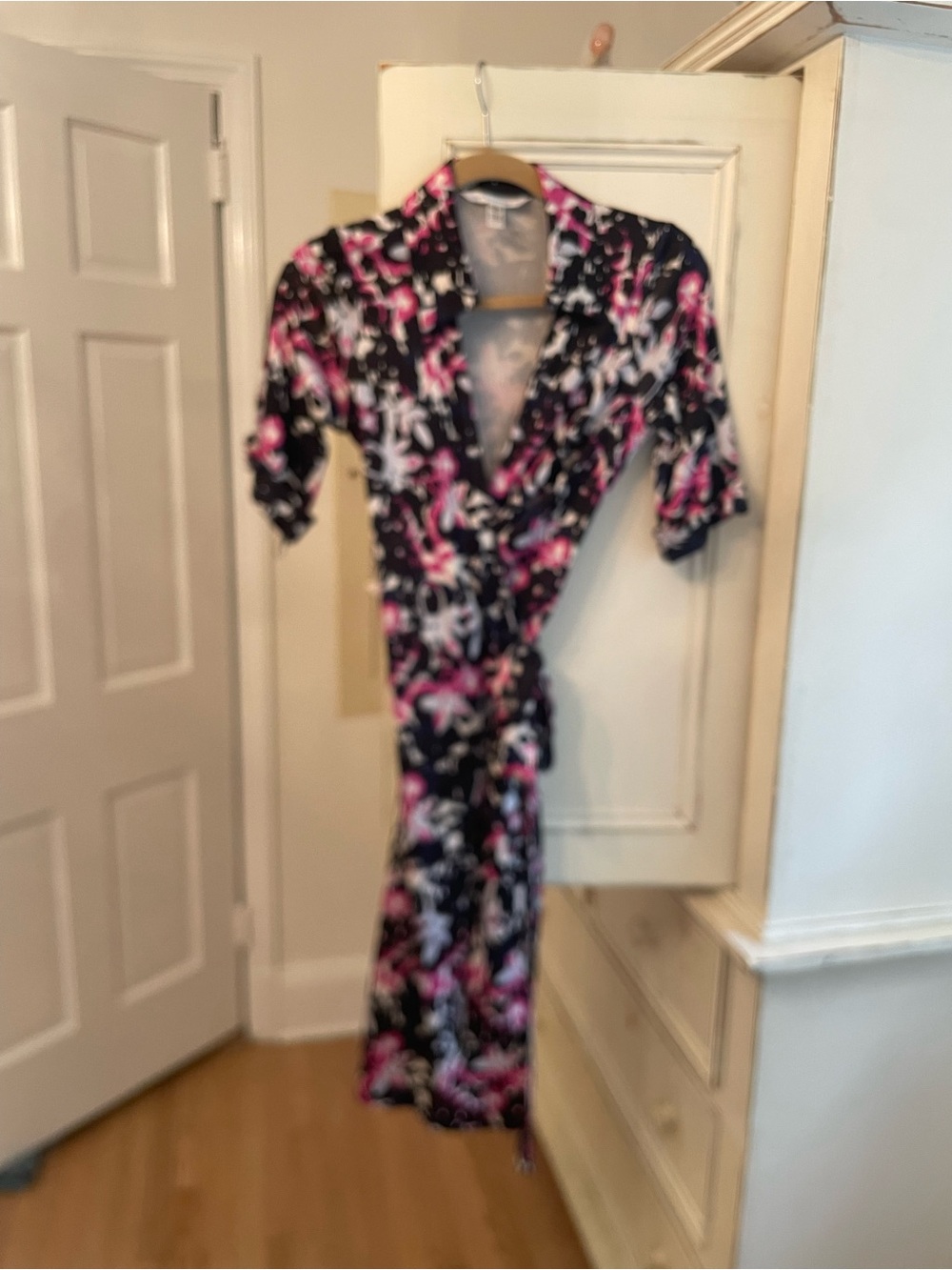 Diane Von Furstenberg Black Wrap Dress with Pink & White Floral Print vintage.